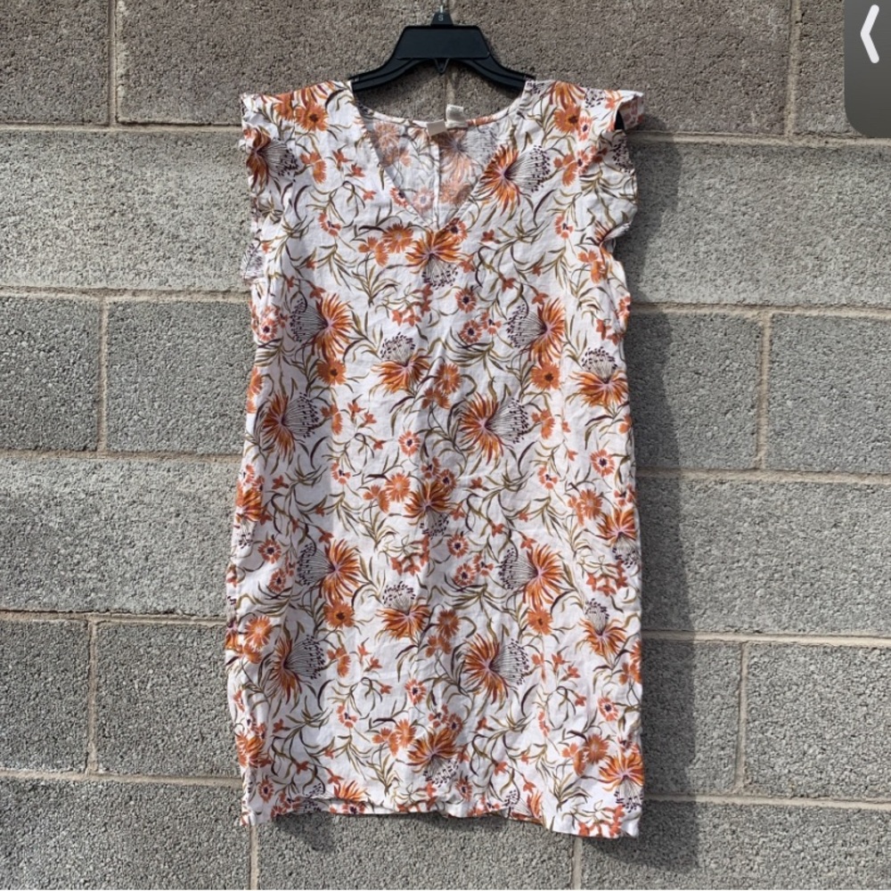 Joie Dress Size Large 100% Linen Floral Ruffle Sleeves Coastal Cottage Core